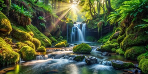 Sunbeams filter through a lush canopy, illuminating a cascading waterfall and a moss-covered stream in a secluded forest.