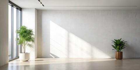 Minimalist Room Interior with Sunlight Streaming Through Large Windows and Two Plants in Simple Pots