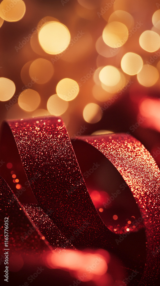 Aufkleber glittery red ribbon with golden bokeh lights creating a festive and romantic abstract background