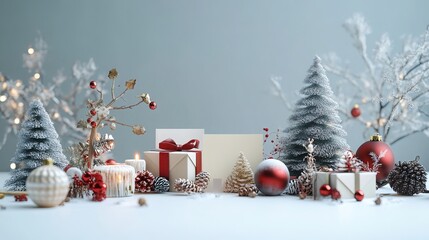 Festive Christmas composition with greeting cards and decorative items on a white table. Mock-up for your holiday wishes and messages. Perfect for Merry Christmas and Happy New Year greetings. 