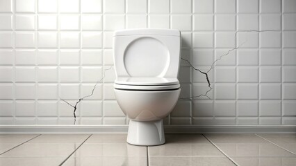 A white toilet stands in a tiled bathroom with a large crack running down the wall.