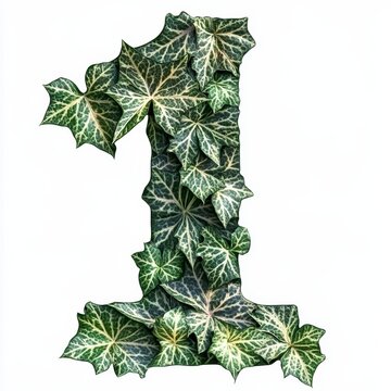 3D Embossed Number "1" Made of Green Plant Leaves, Isolated on White Background, Representing Eco-friendly Design, Nature-inspired Branding, Sustainable Marketing, and Environmental Awareness