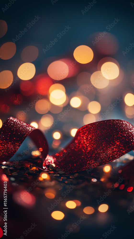 Poster glittering red ribbon and golden bokeh lights creating a festive romantic abstract background