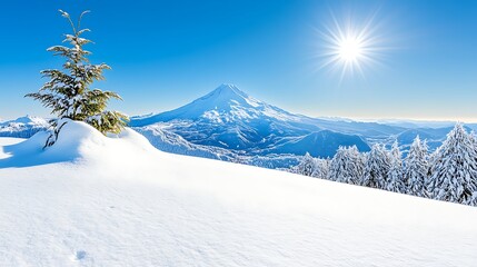 Obraz premium Majestic Winter Mountain Peak Snow Covered Trees Sunny Day