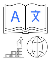 Open book displaying multilingual alphabets, bar chart growth arrows symbolizing progress, and globe icon denoting international connectivity. Ideal for education, business, globalization, growth