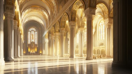 Fototapeta premium Majestic Byzantine Cathedral Interior with Mosaics, Worshipers, and Tranquil Atmosphere - Photorealistic Artwork Evoking Spiritual Serenity
