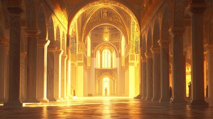Obraz premium Majestic Byzantine Cathedral: Photorealistic Artwork of Tranquil Sacred Space with Soaring Arches, Mosaics, and Worshipers in Prayer