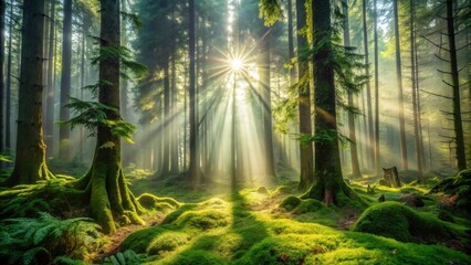 Obraz premium Sunlight beams through the dense canopy of a mossy forest, illuminating the forest floor with ethereal light.