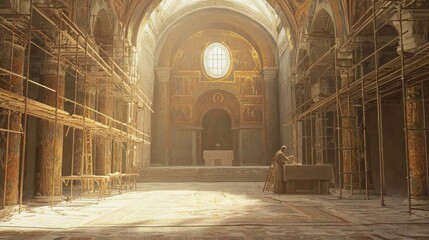 Obraz premium Preserving Byzantine Heritage: Artist Painting Vibrant Fresco in Church
