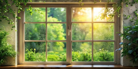 A view through a rain-streaked window, revealing a lush garden bathed in the warm glow of the afternoon sun.