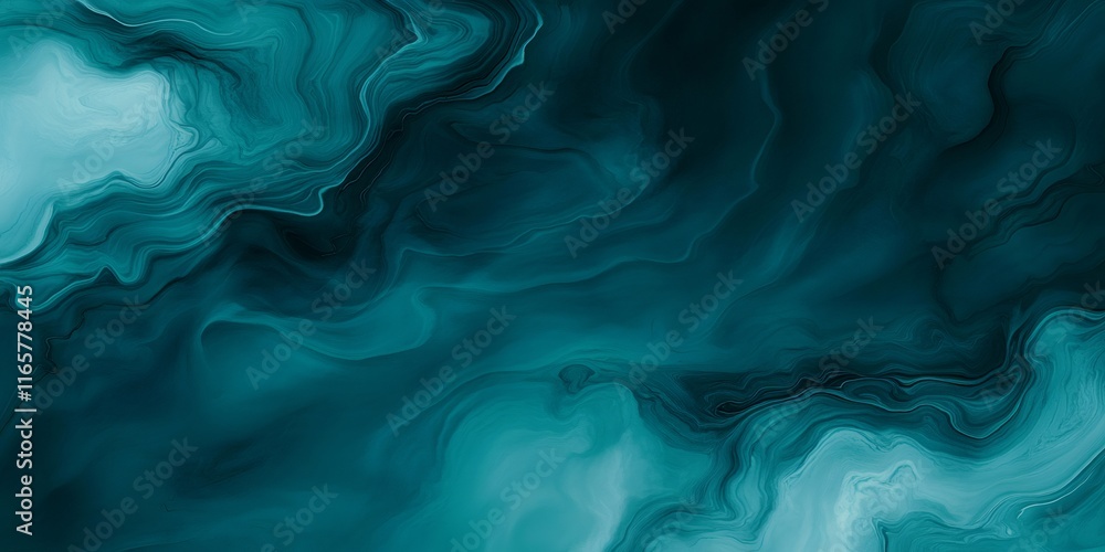 Poster fluid blue teal swirling shapes blending dynamically, generating abstract visual movement with seaml
