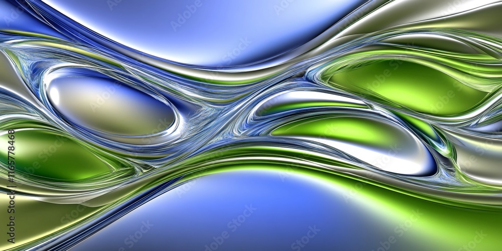 Poster fluid metallic lines swirling in silver, deep blue, green, generating sleek dynamic gradient with so