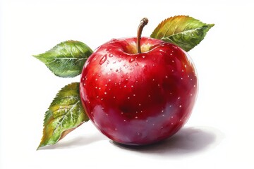 Bright red apple with green leaves resting on a clean surface