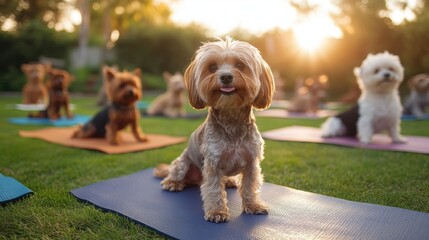 Playful Dog Sitting Calmly on a Colorful Yoga Mat in a Lush Green Park Surrounded by Vibrant Trees and Bright Blue Sky on a Sunny Day