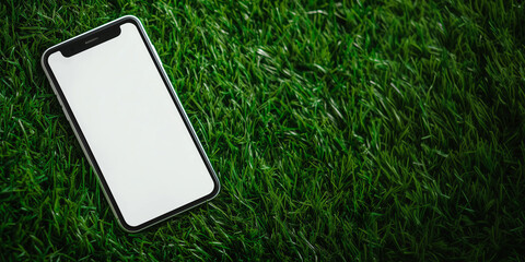 Smartphone mobile with white blank empty screen mockup template standing on green grass background.