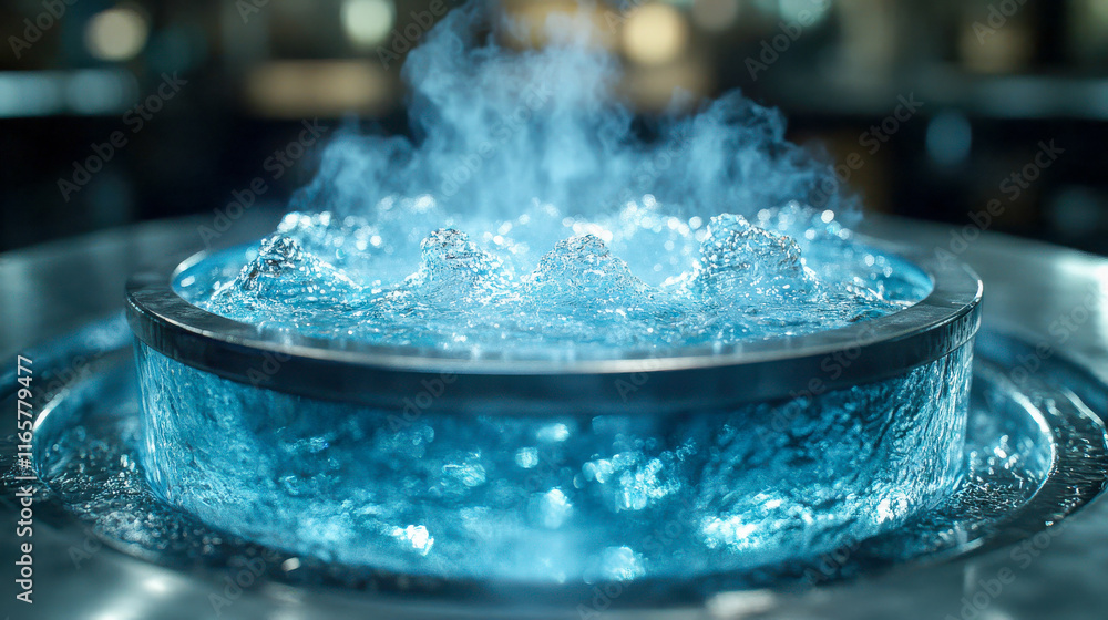 Aufkleber a close-up of water boiling vigorously in a futuristic metallic tank, creating steam and dynamic ene