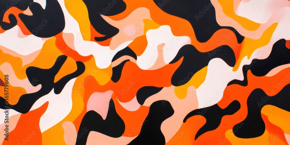 Poster swirling orange and red camouflage pattern blending into black and white, generating dynamic abstrac