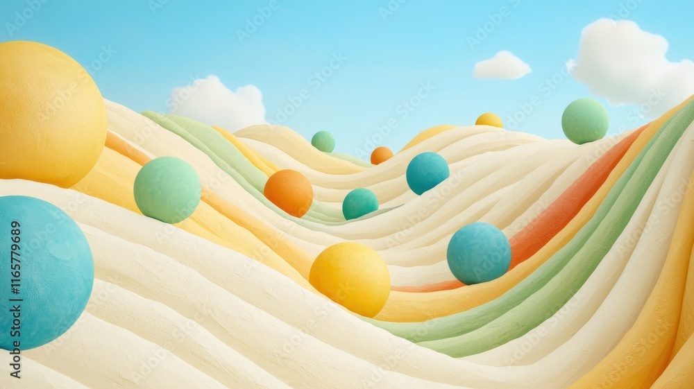 Poster colorful abstract landscape with soft waves and playful floating spheres