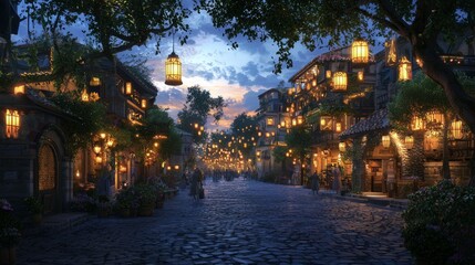 Enchanting Night in the Byzantine Empire: Vibrant Street Life with Lanterns and Community Warmth - Photorealistic Ultra-Detailed Artwork