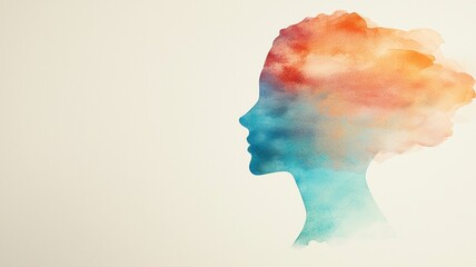 Watercolor Silhouette of a Woman with Colorful Hair Blending into the Sky