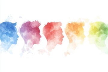 Obraz premium Colorful Silhouettes of Male Profiles in Watercolor Style on White Background