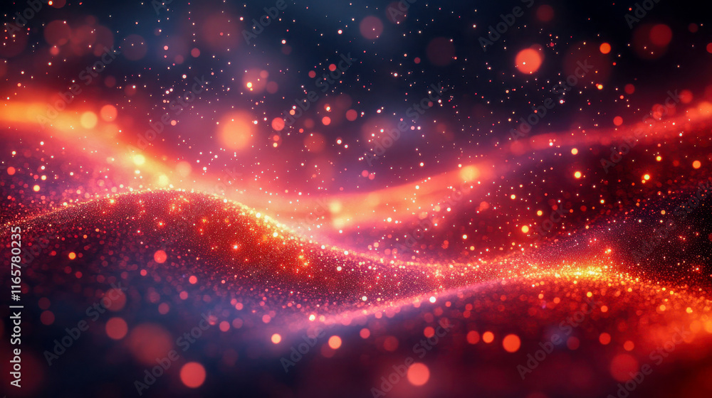 Poster abstract, glowing red particles in a dark background, creating a dynamic wave-like pattern with a fu