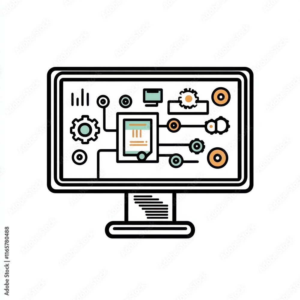 Poster computer screen displays complex system data processing