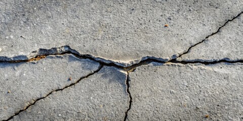 Obraz premium A crack in a concrete surface with a rough and textured surface, the gray color of the cement is slightly lighter where it is exposed by the cracks.