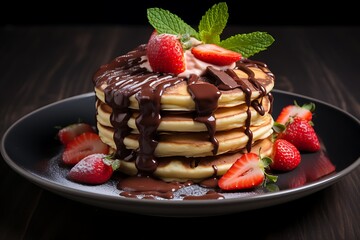 Pancakes with chocolate and strawberries on a plate