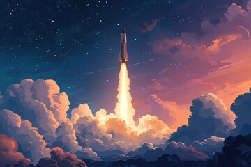 Rocket launches into a starry sky, leaving trails of smoke and flames in the evening atmosphere