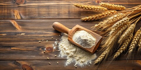 A wooden scoop filled with wheat flour sits on a rustic wooden table, surrounded by golden wheat stalks, creating a rustic, kitchen-inspired image.