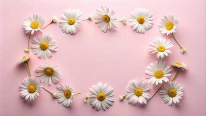 Fototapeta premium A delicate arrangement of white daisies with yellow centers, artfully placed against a soft pink backdrop, creating a charming and elegant composition.