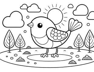 scene with bird, trees and sun easy coloring page for kids and adults. ready to print on standard 8.5x11 inch paper