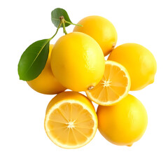 Fresh, Vibrant Lemons with Leaves on transparent background