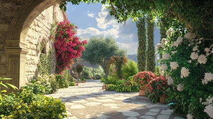 Obraz premium Serene Byzantine Garden Oasis - Photorealistic Artwork of Lush Greenery and Colorful Blooms Reflecting Nature's Beauty and Tranquility