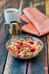 cherry dump cake served in a glass bowl