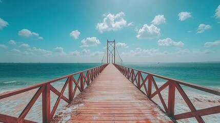 Fototapeta premium Wooden pier extending into a tranquil ocean under a vibrant sky.