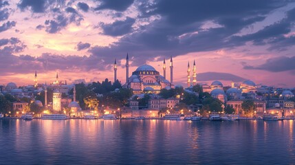 Obraz premium Twilight Beauty of the Byzantine Empire: Photorealistic View of City Lights Coming Alive at Dusk