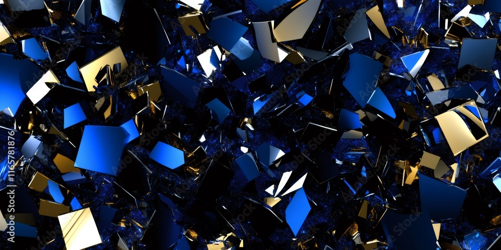 Poster abstract background featuring shattered glass like forms in deep blue and gold, creating a visually 