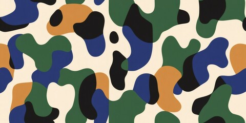 Seamless abstract pattern featuring smooth, organic shapes in various colors, evoking a modern camouflage design