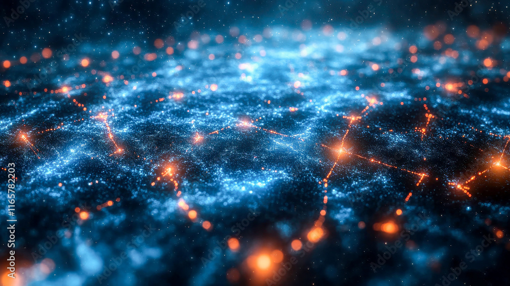 Poster starry digital network with interconnected glowing points, emphasizing global data flow and technolo