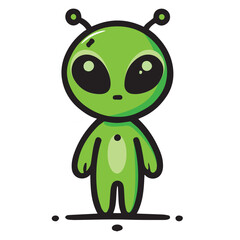 Cute green alien cartoon with big eyes and a playful smile. Perfect for kids&rsquo; projects, sci-fi themes, or fun designs. High-quality, vibrant illustration for versatile creative use.