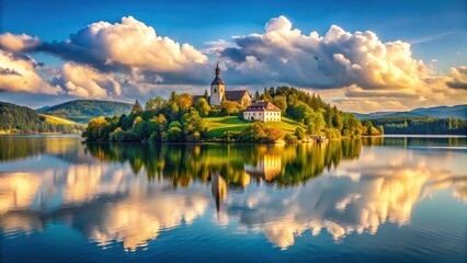 Fototapeta premium A tranquil island with a church and forest, reflecting on the calm surface of a lake beneath a picturesque sky with fluffy clouds.