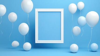 A minimalist scene featuring a white rectangular frame surrounded by floating white and light blue bubbles.