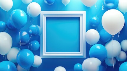 A minimalist scene featuring a white rectangular frame surrounded by floating white and light blue bubbles.