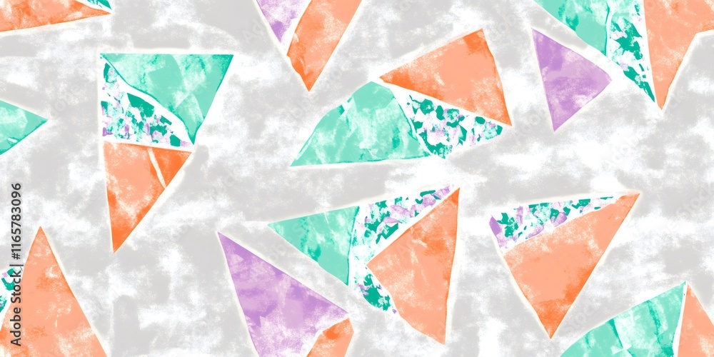 Poster seamless pattern of overlapping pastel colored fractured triangles, creating a visually textured and