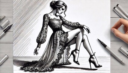 Elegant photo model, full length view, low angle, ink drawing, intricate detailing highlighting her elegance