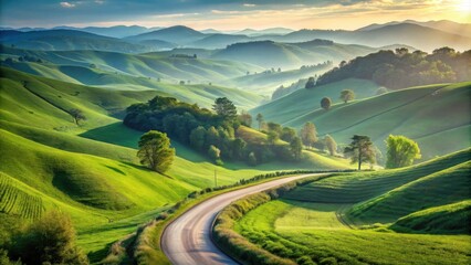 Fototapeta premium A winding road meanders through a rolling landscape of verdant hills bathed in the golden light of a setting sun.