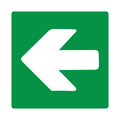 Green sign arrow left. Arrow pointing left. Shows the direction movement to the exit or shelter in an emergency. Movement left to the safety zone. Indicates the nearest safe point or exit. Iso 7010.