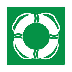 Green sign equipment for life saving on water. Designation the location the lifebuoy. Rescue of people overboard or in the water. Safe pulling out the victim. Iso 7010.